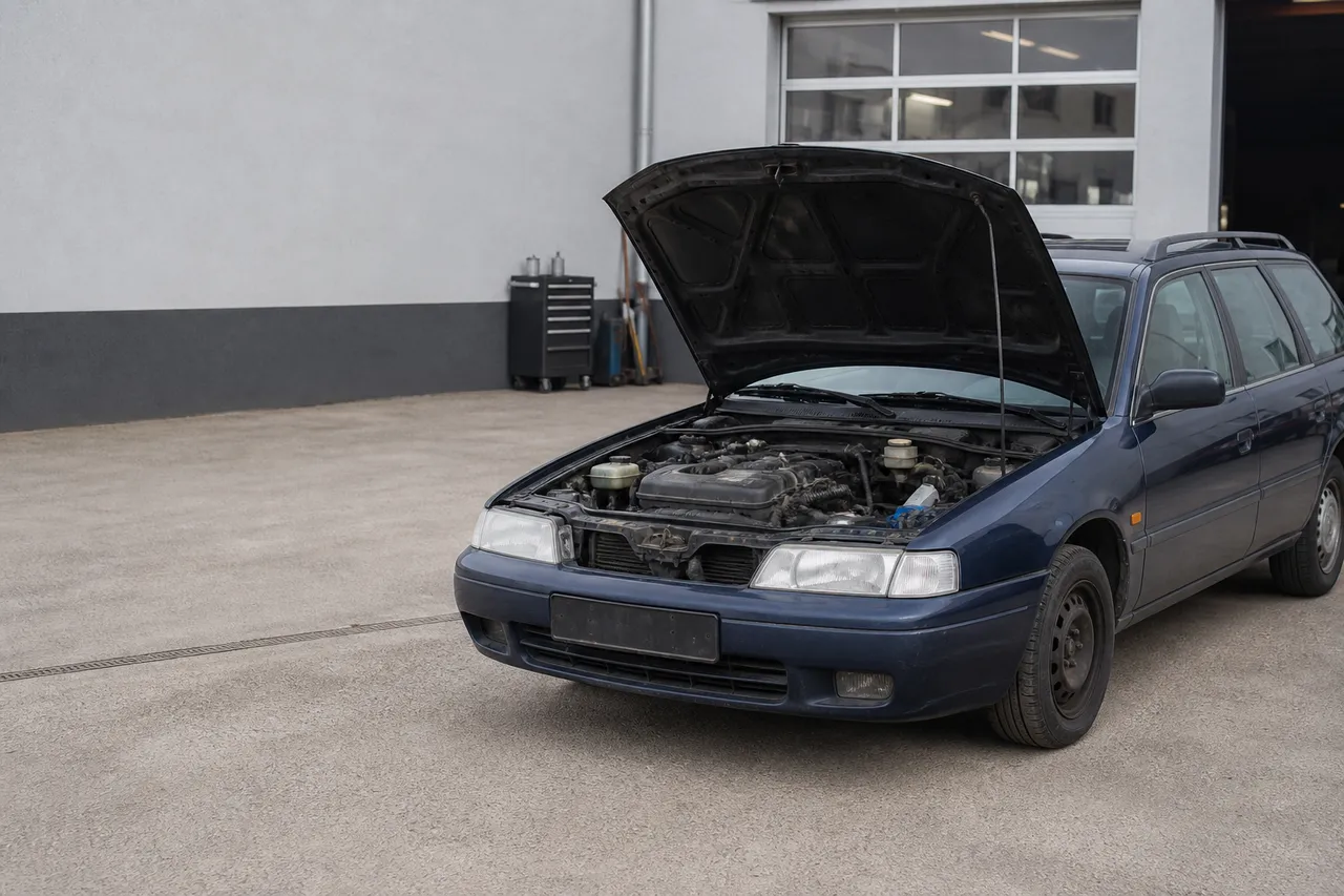 Motordiagnose mit geöffneter Motorhaube und ausgebauten Motorteilen